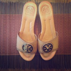 Tory Burch Tan Leather Wood Wedge